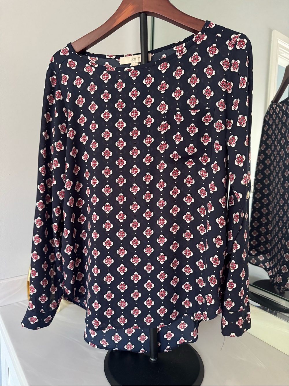 LOFT Navy Floral-Print Long-Sleeve Blouse with Red Accents US Small